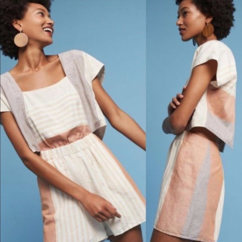 Anthropologie Elevenses open back linen romper